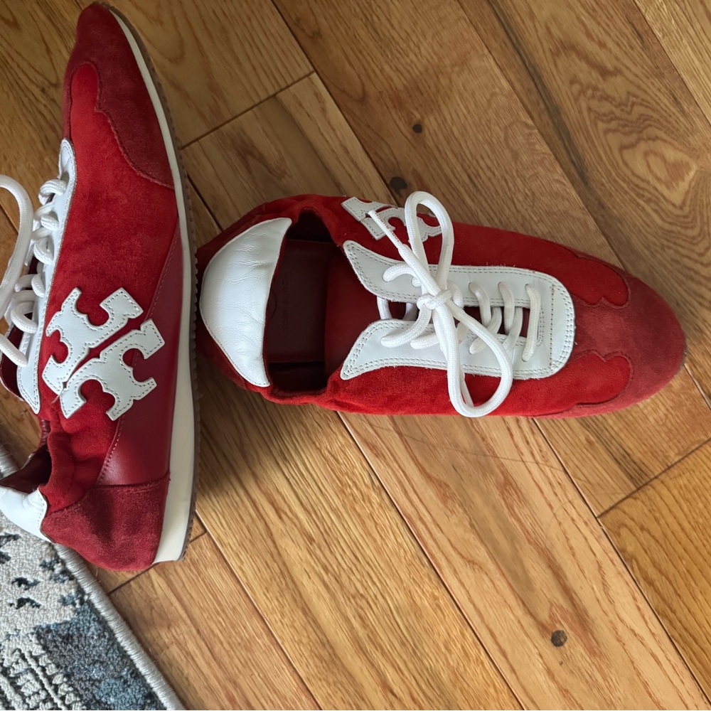 Tory Burch Red Suede & Leather Sneakers with White Logo